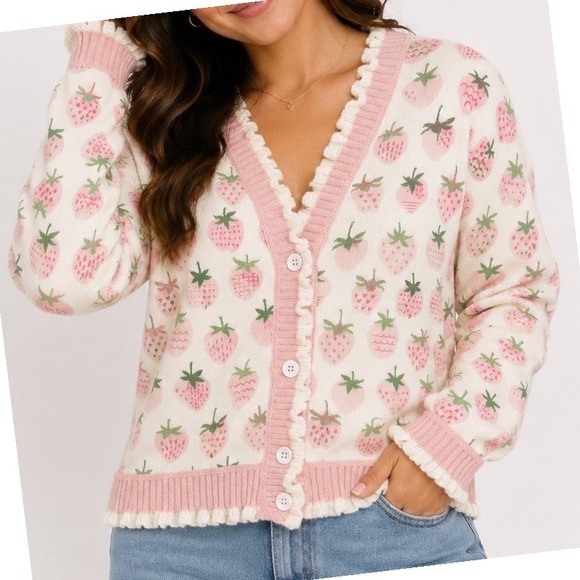 Unbranded Sweaters - Womens Strawberry Print Ruffle Trim Knit Cardigan Pink Cream V-Neck Button Up